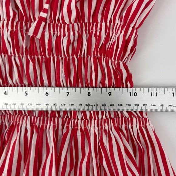 Lusana Rosa Poplin Mini Dress Red White Striped Smocked Womens Size 4 - Picture 8 of 10